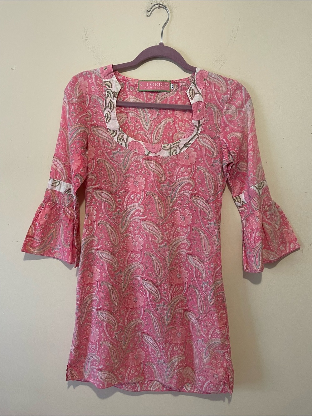 C. Orrico Palm Beach Pink Paisley Scoop Neck Bell Sleeve Top. 100% Cotton. Sz XS